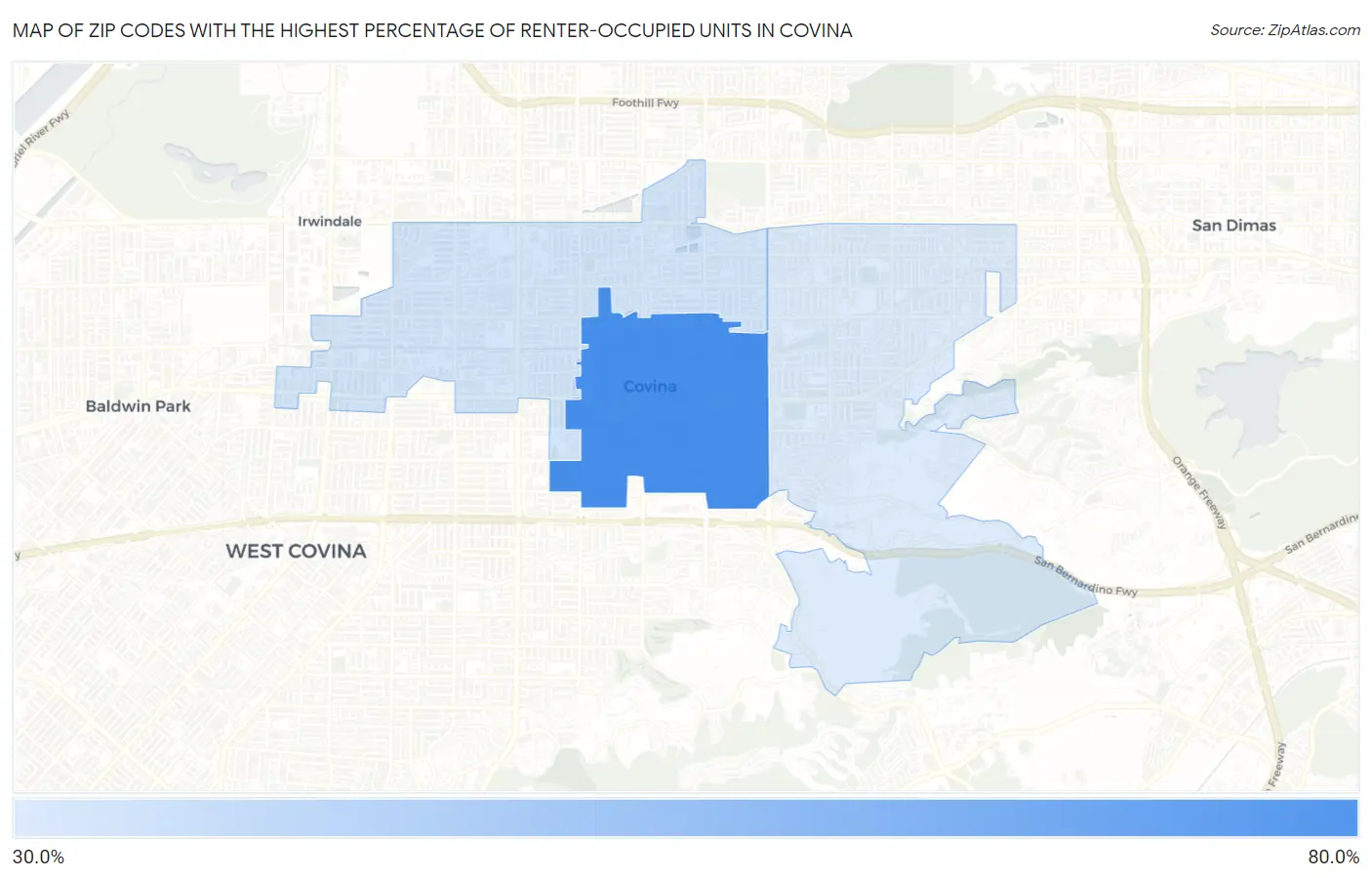 Zip Codes with the Highest Percentage of Renter-Occupied Units in Covina Map
