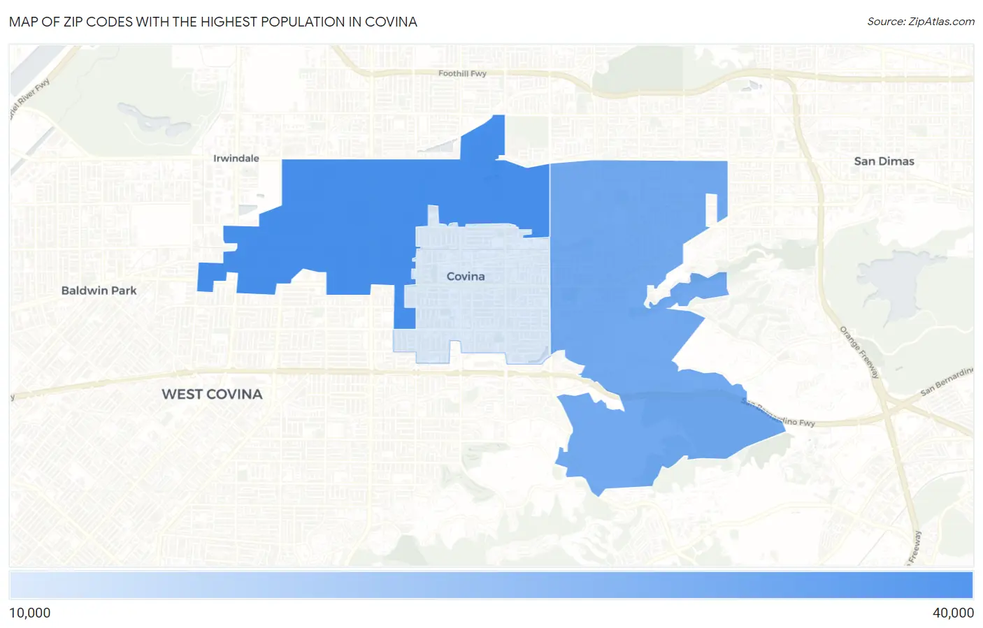 Zip Codes with the Highest Population in Covina Map