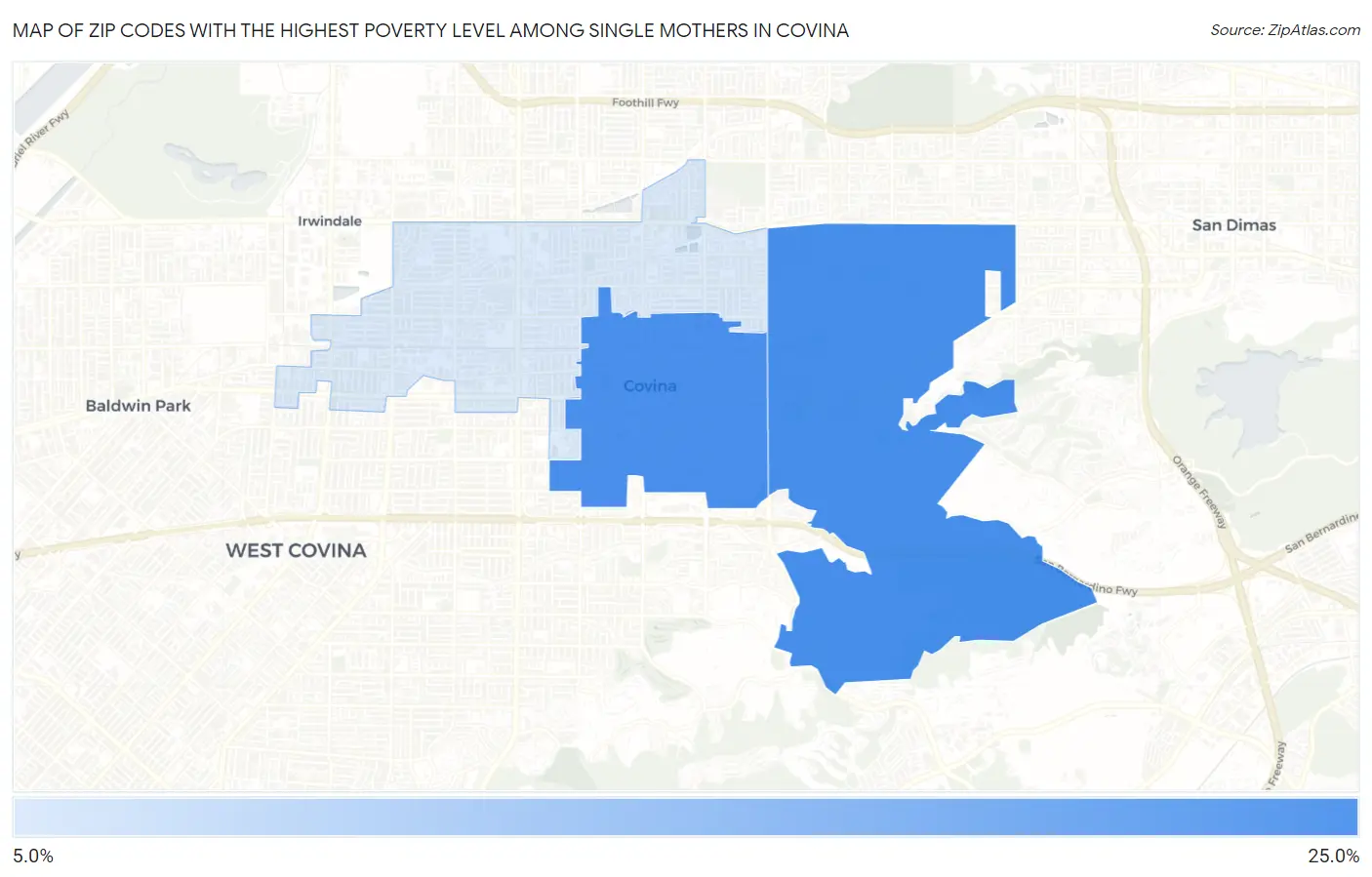 Zip Codes with the Highest Poverty Level Among Single Mothers in Covina Map