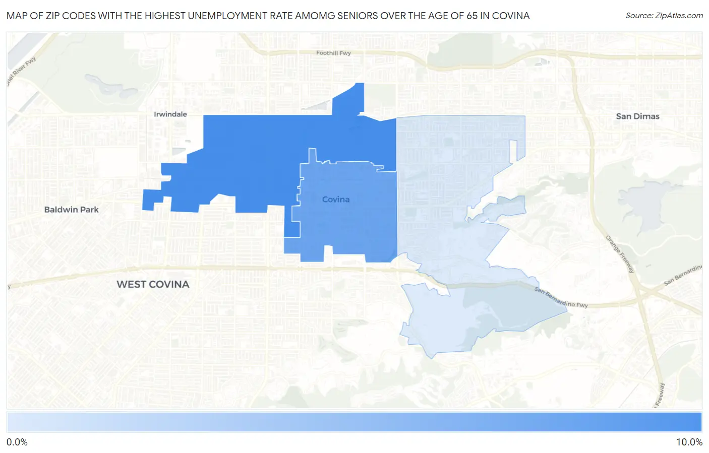 Zip Codes with the Highest Unemployment Rate Amomg Seniors Over the Age of 65 in Covina Map