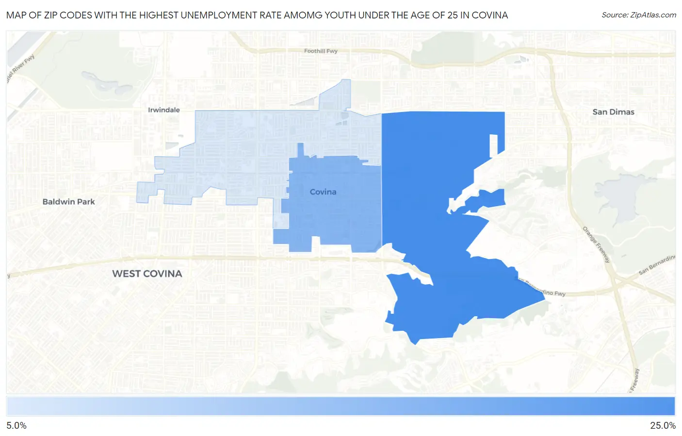Zip Codes with the Highest Unemployment Rate Amomg Youth Under the Age of 25 in Covina Map