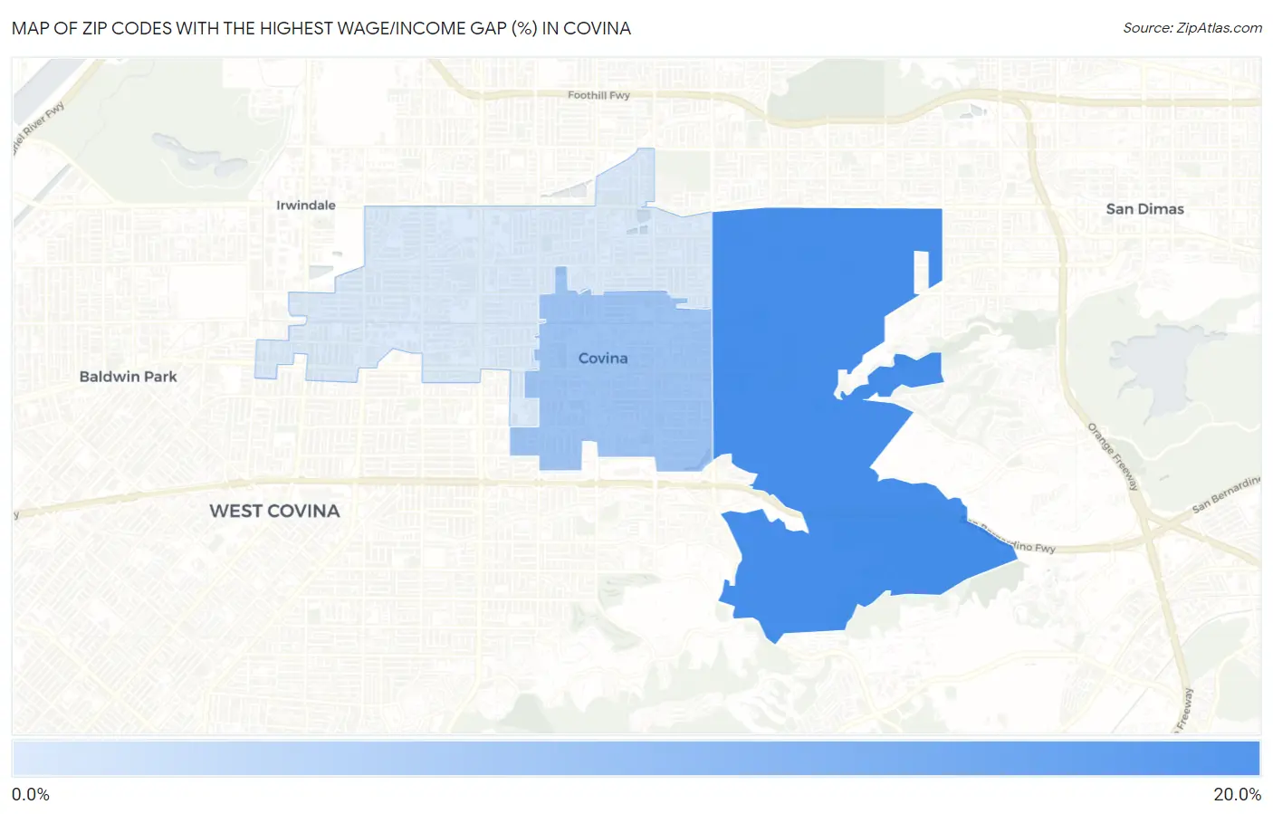 Zip Codes with the Highest Wage/Income Gap (%) in Covina Map
