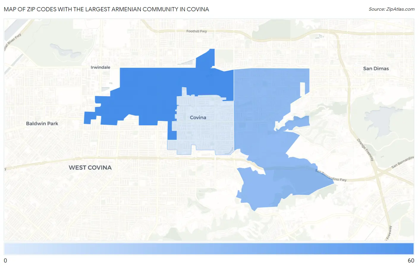 Zip Codes with the Largest Armenian Community in Covina Map