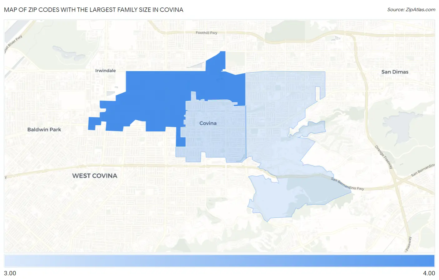 Zip Codes with the Largest Family Size in Covina Map