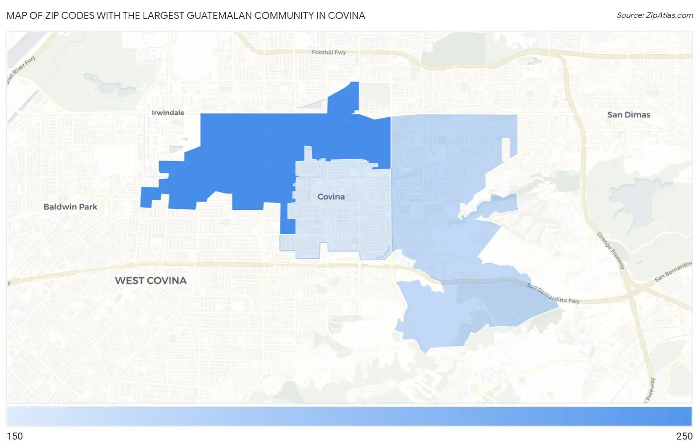 Zip Codes with the Largest Guatemalan Community in Covina Map