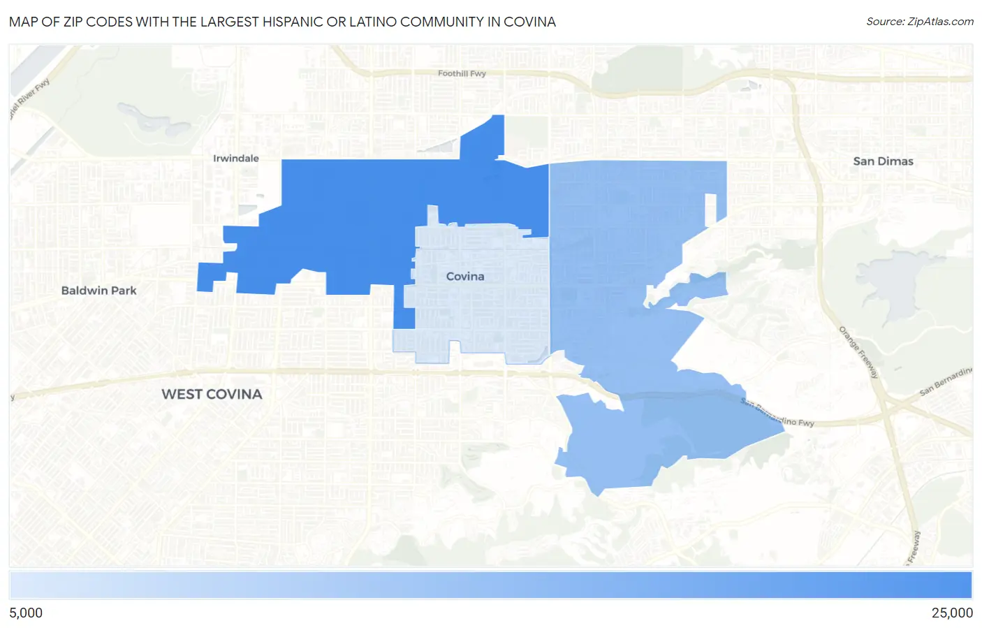 Zip Codes with the Largest Hispanic or Latino Community in Covina Map