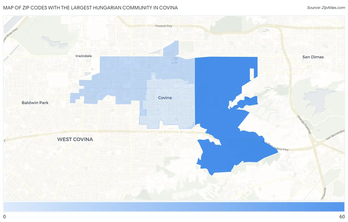 Zip Codes with the Largest Hungarian Community in Covina Map