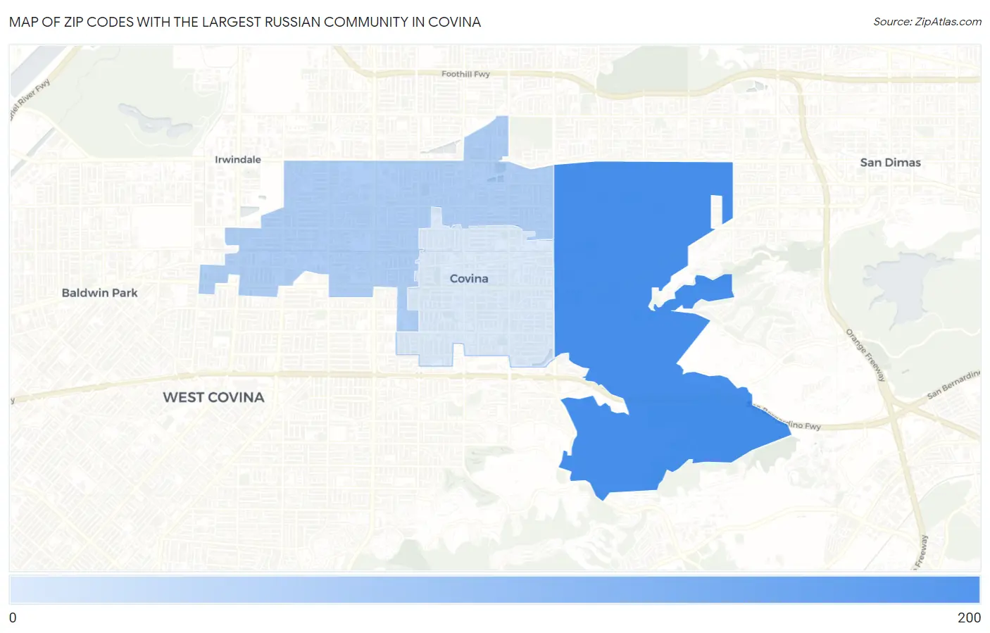 Zip Codes with the Largest Russian Community in Covina Map
