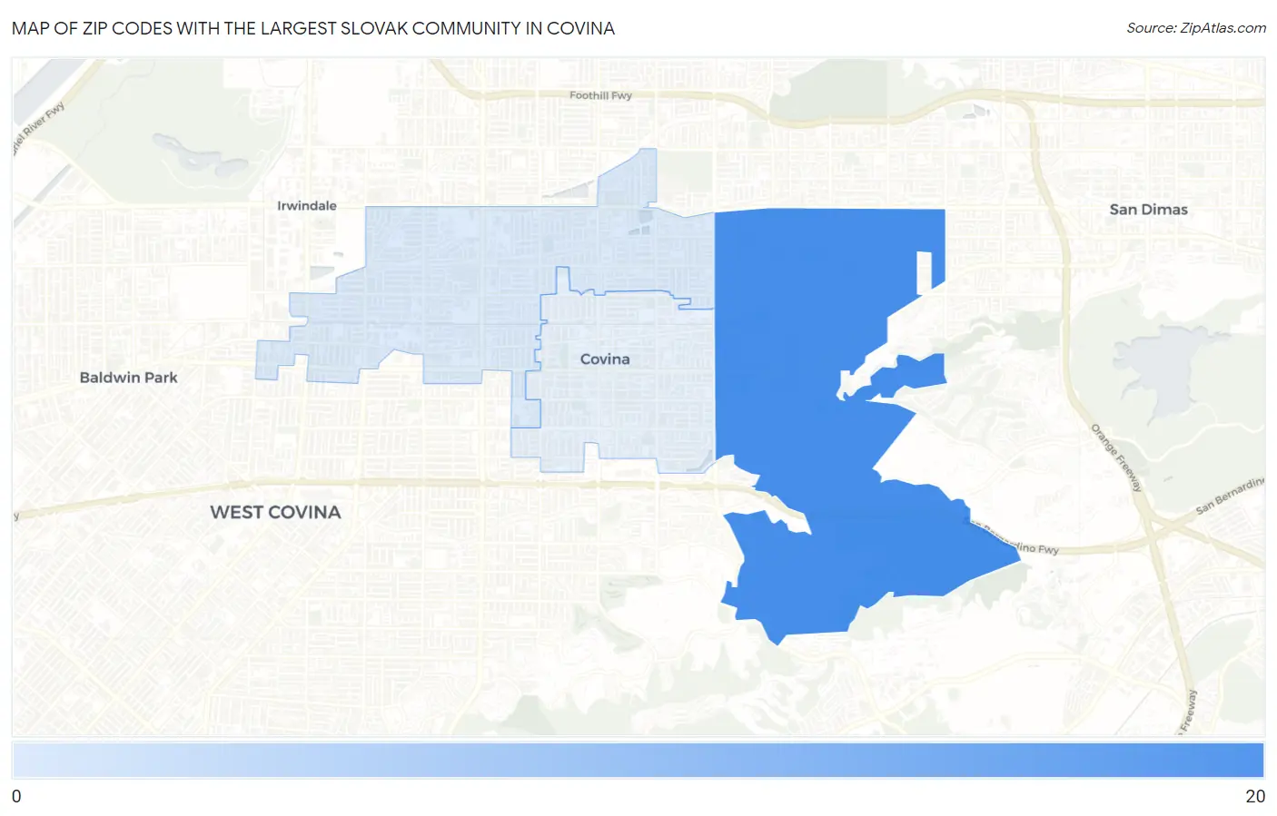 Zip Codes with the Largest Slovak Community in Covina Map