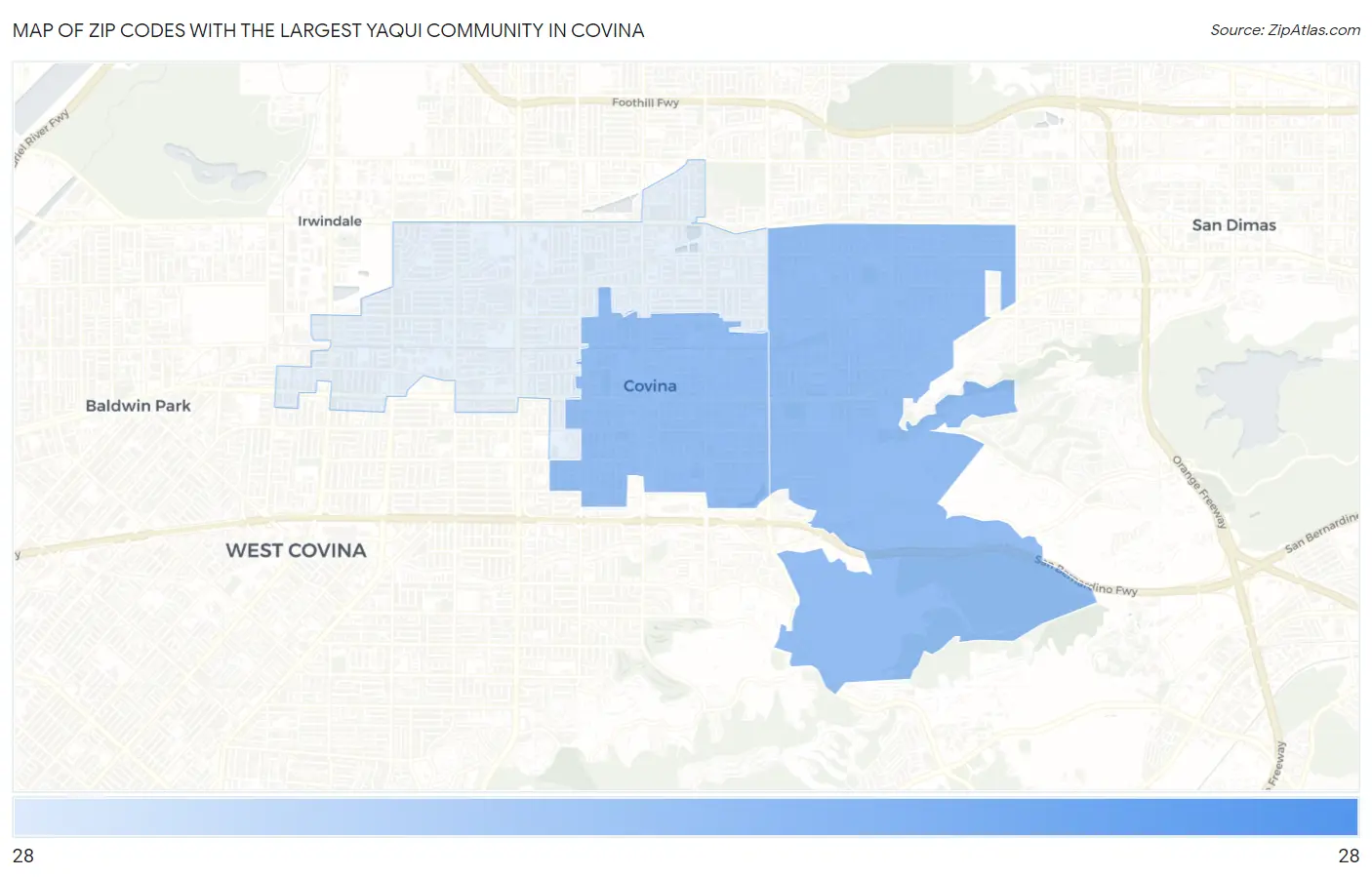 Zip Codes with the Largest Yaqui Community in Covina Map