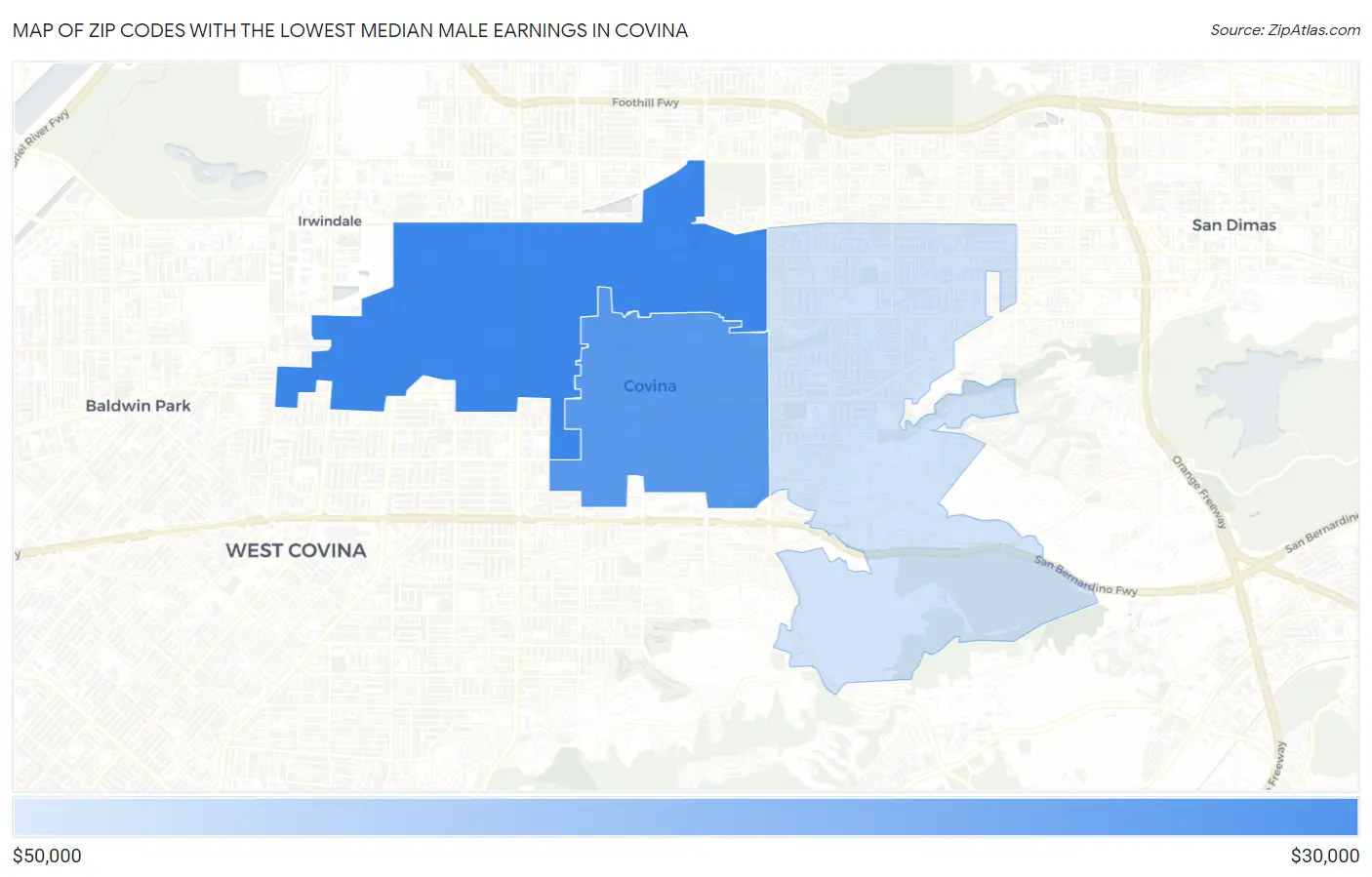 Zip Codes with the Lowest Median Male Earnings in Covina Map