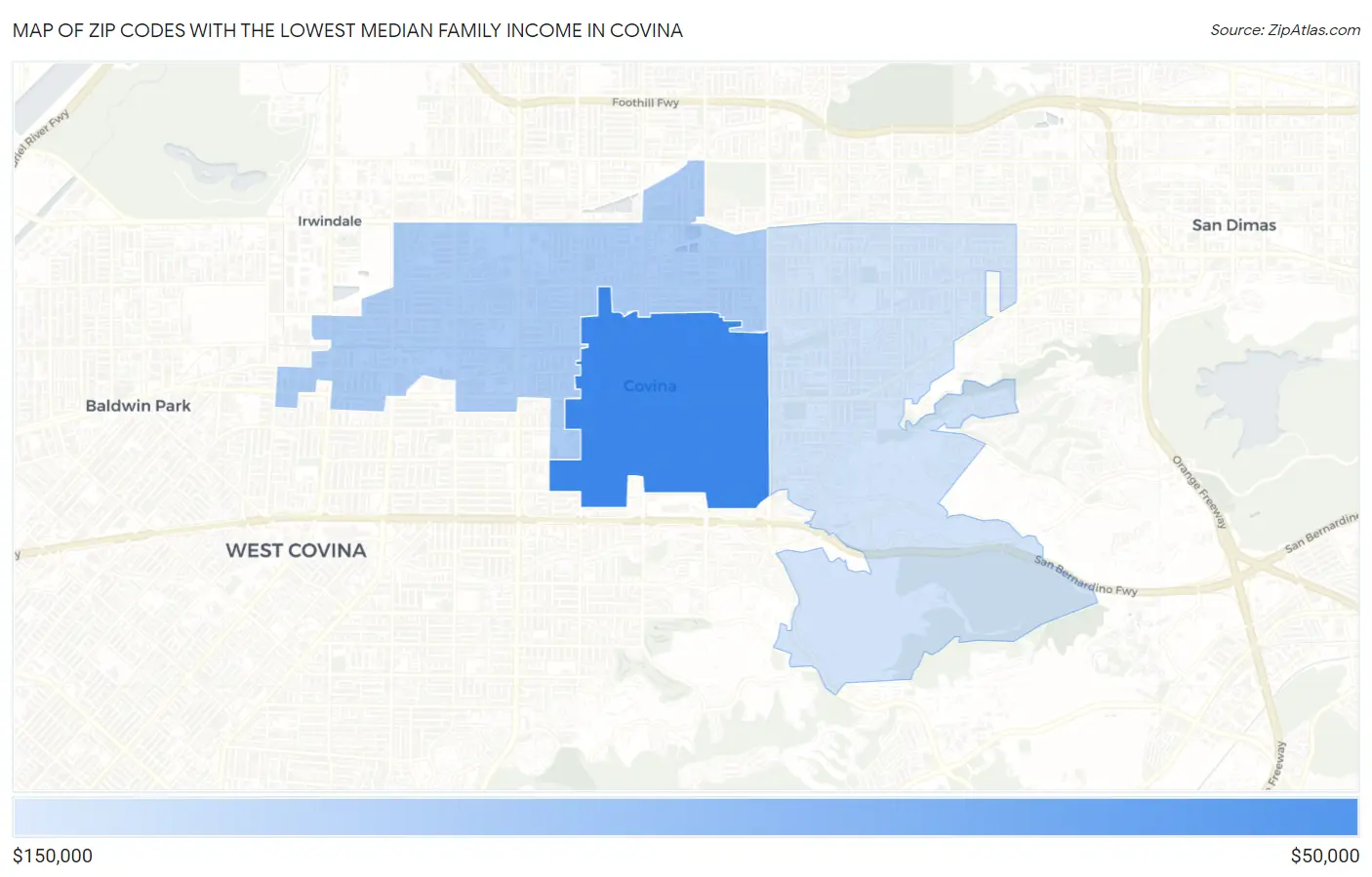 Zip Codes with the Lowest Median Family Income in Covina Map