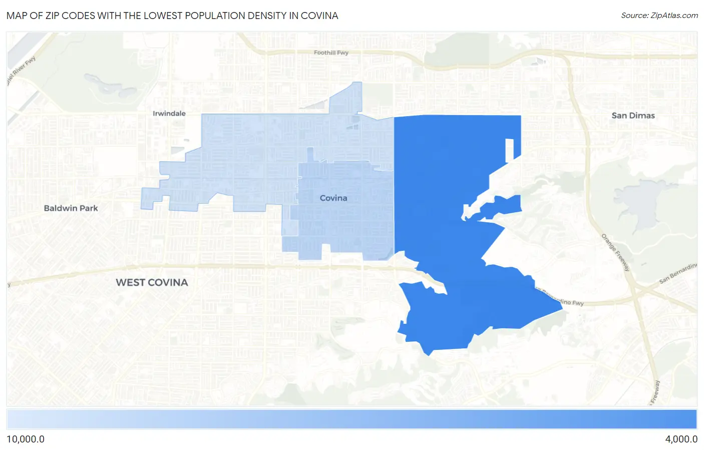Zip Codes with the Lowest Population Density in Covina Map
