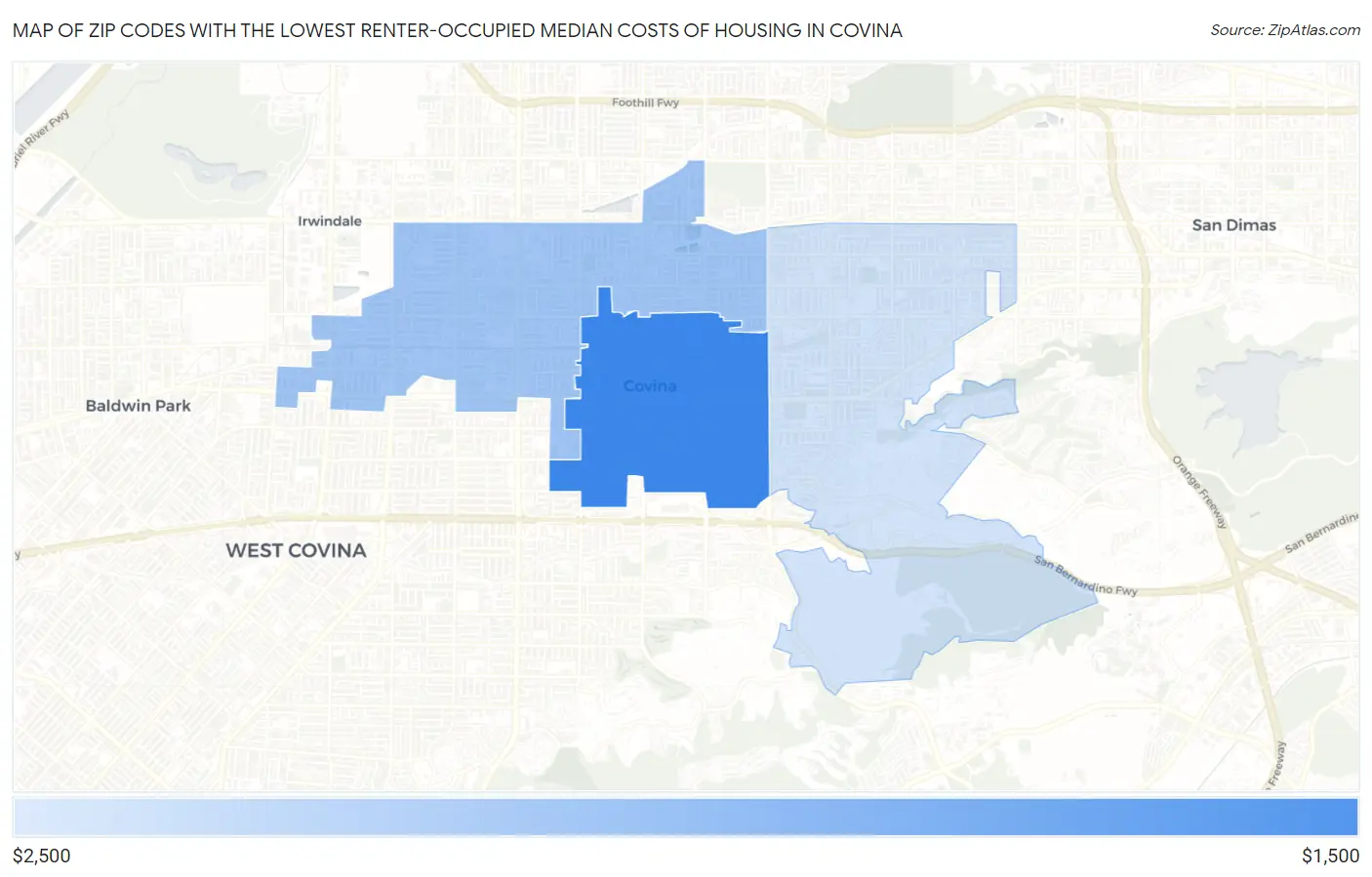 Zip Codes with the Lowest Renter-Occupied Median Costs of Housing in Covina Map