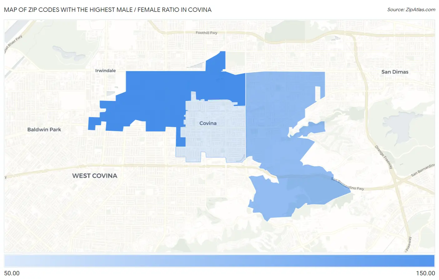 Zip Codes with the Highest Male / Female Ratio in Covina Map