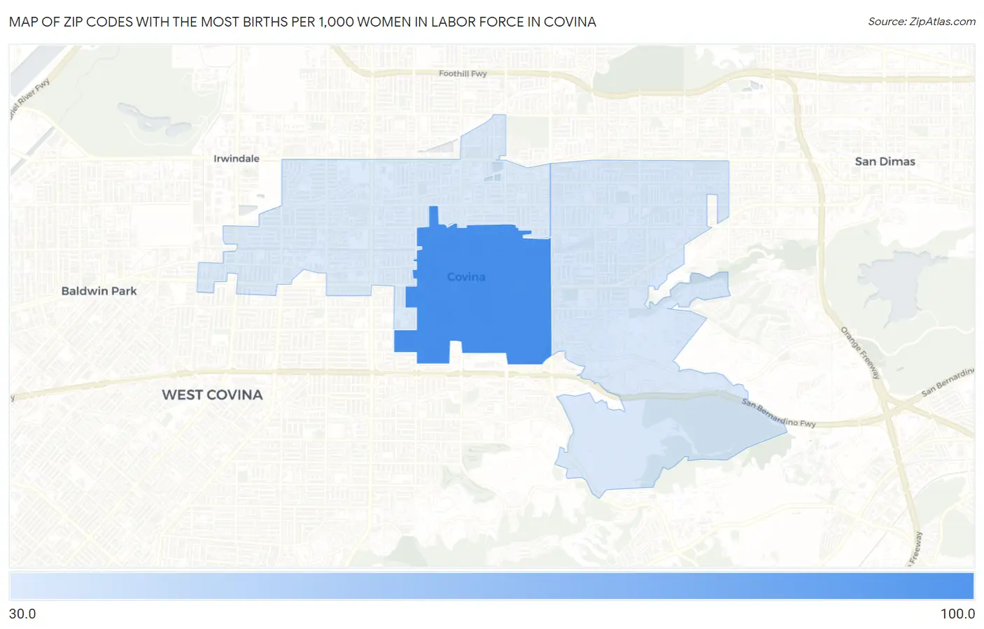 Zip Codes with the Most Births per 1,000 Women in Labor Force in Covina Map