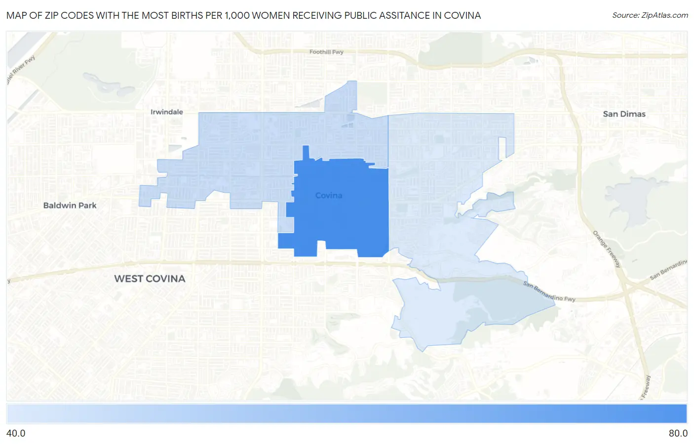 Zip Codes with the Most Births per 1,000 Women Receiving Public Assitance in Covina Map