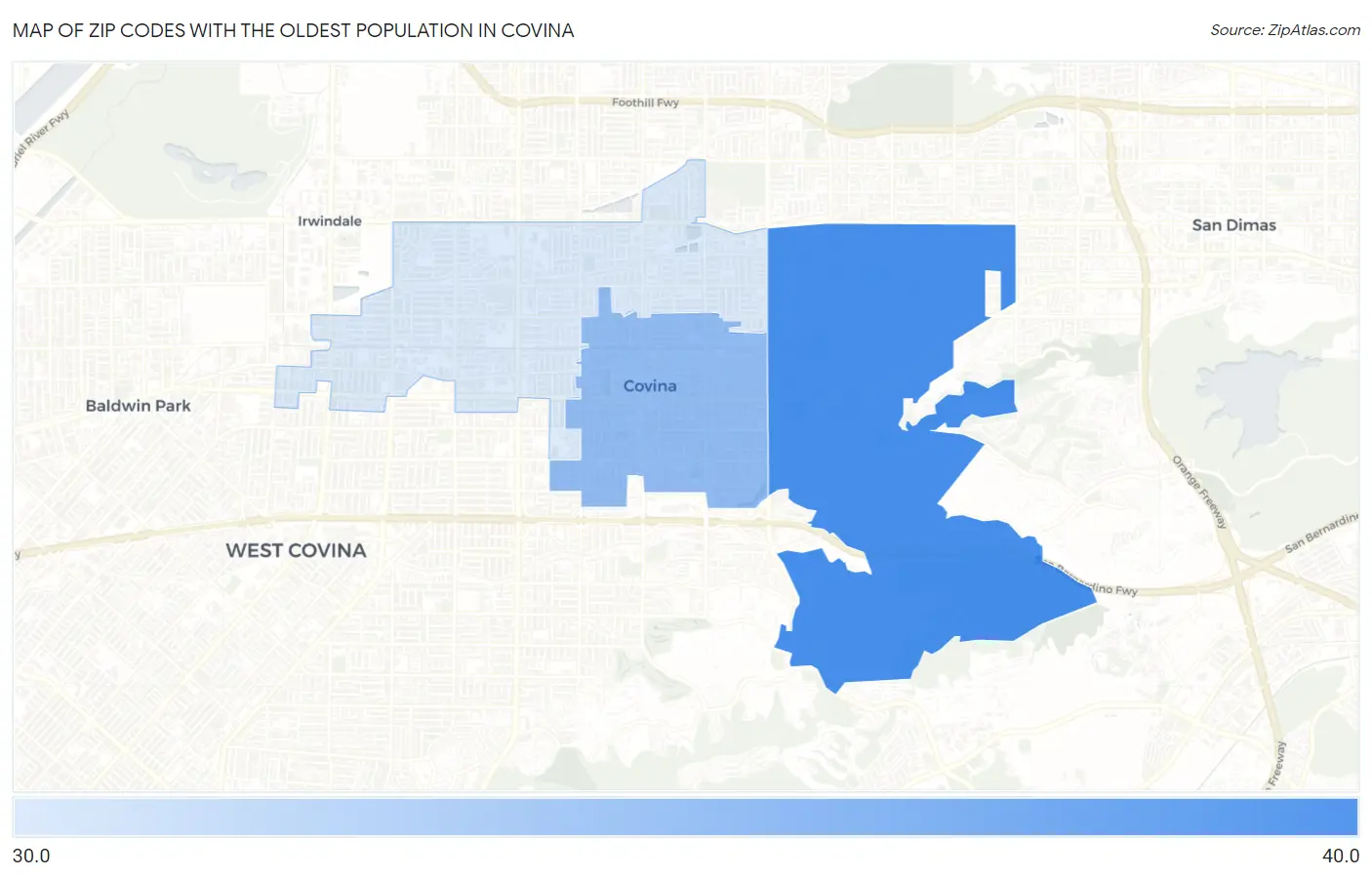 Zip Codes with the Oldest Population in Covina Map