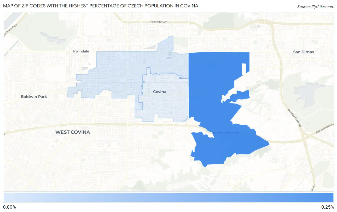 Zip Codes with the Highest Percentage of Czech Population in Covina Map