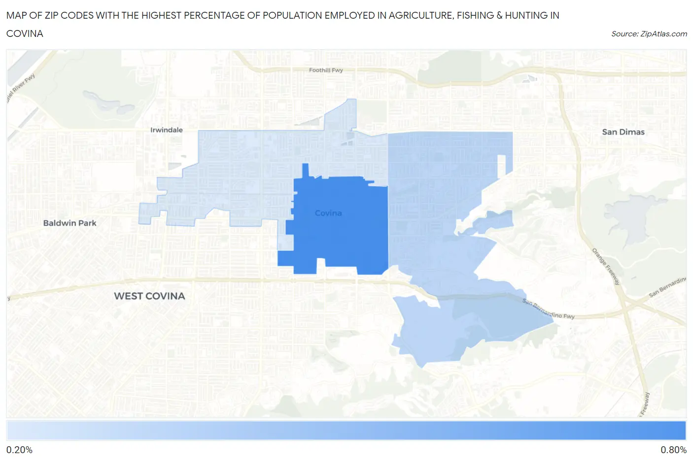 Zip Codes with the Highest Percentage of Population Employed in Agriculture, Fishing & Hunting in Covina Map