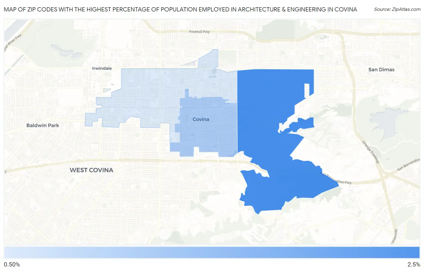 Zip Codes with the Highest Percentage of Population Employed in Architecture & Engineering in Covina Map
