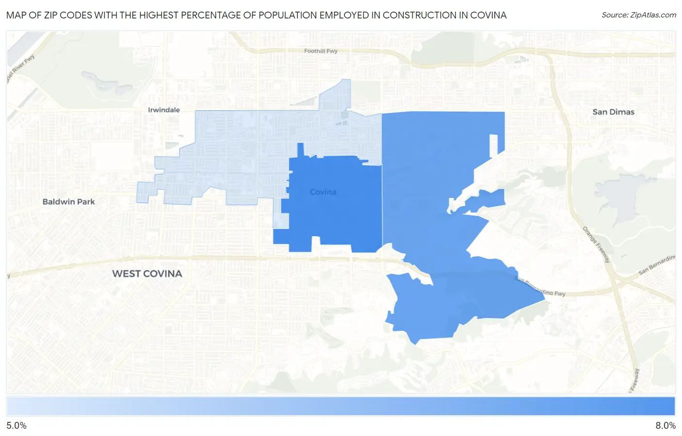 Zip Codes with the Highest Percentage of Population Employed in Construction in Covina Map