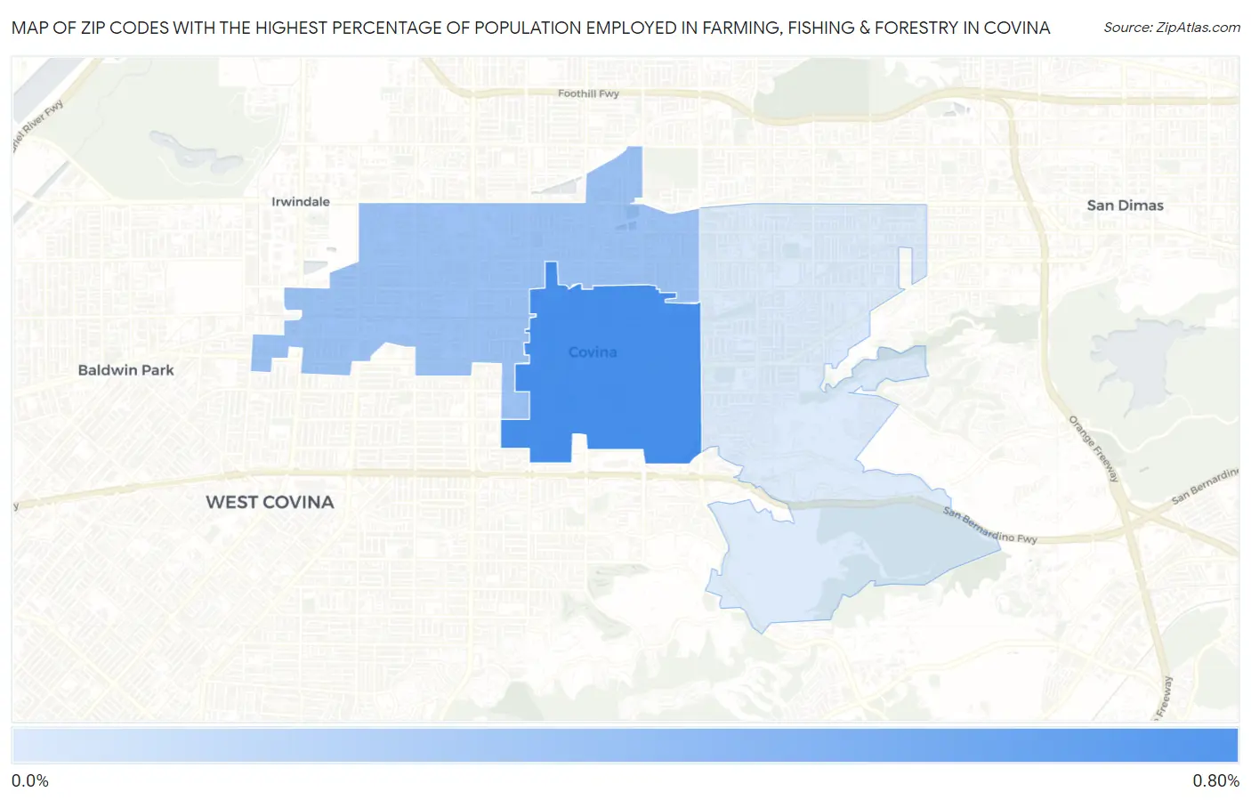 Zip Codes with the Highest Percentage of Population Employed in Farming, Fishing & Forestry in Covina Map