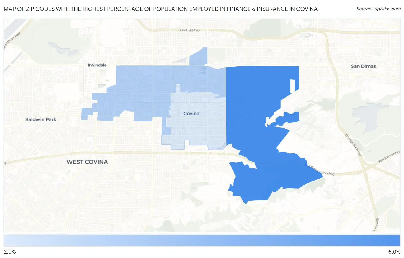Zip Codes with the Highest Percentage of Population Employed in Finance & Insurance in Covina Map