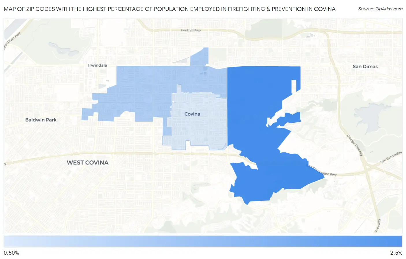 Zip Codes with the Highest Percentage of Population Employed in Firefighting & Prevention in Covina Map