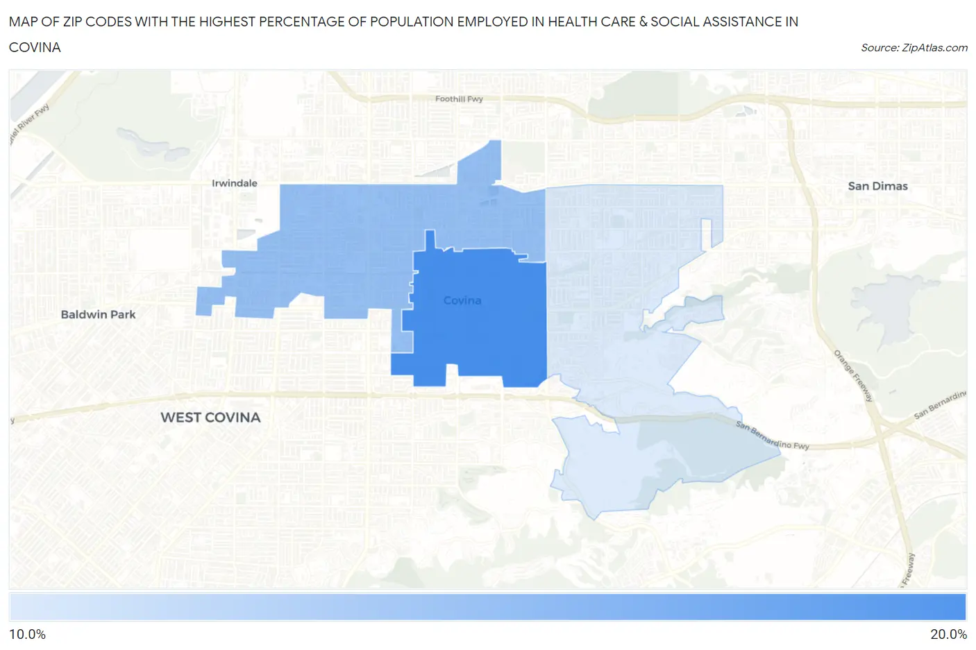Zip Codes with the Highest Percentage of Population Employed in Health Care & Social Assistance in Covina Map