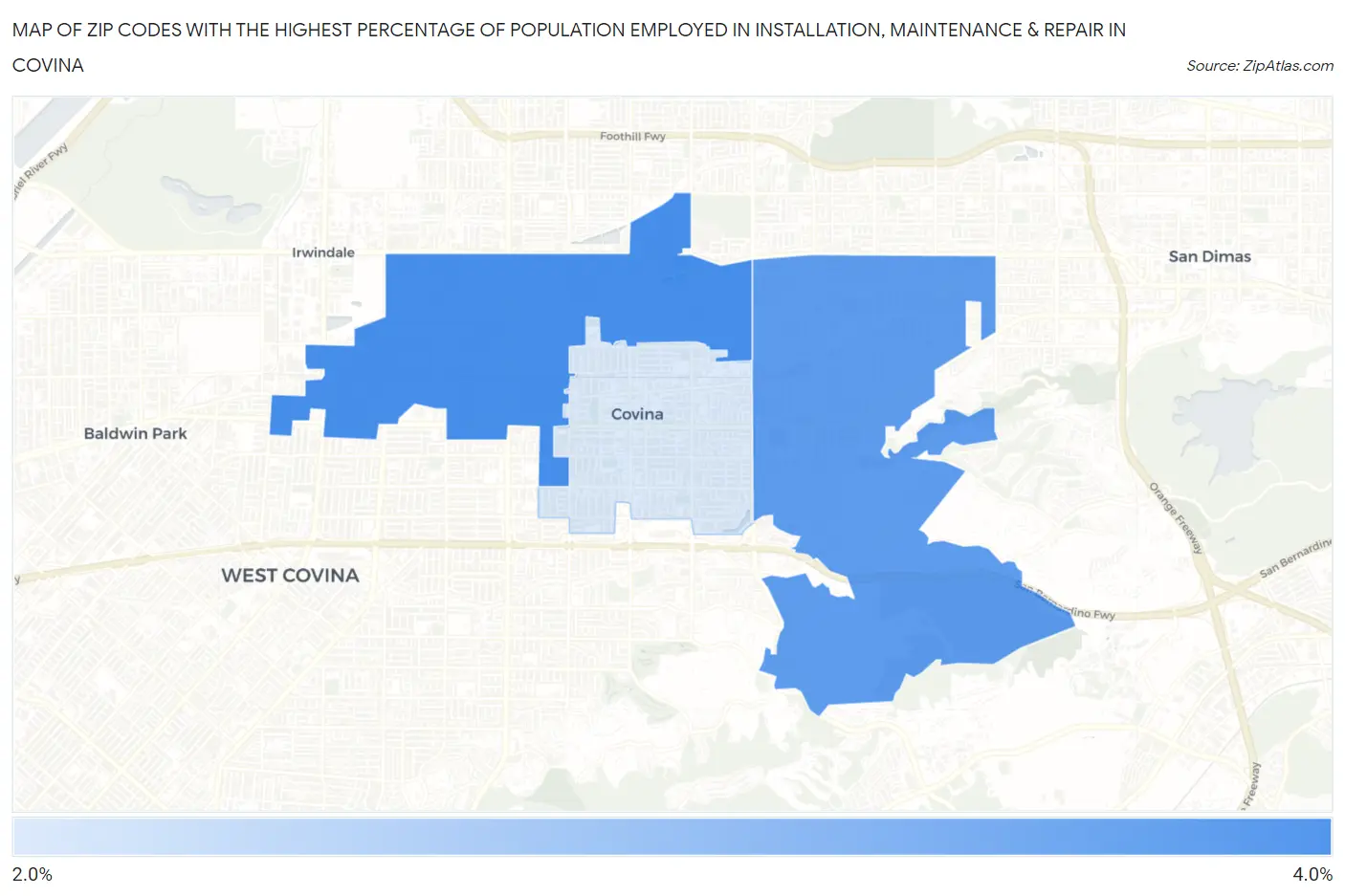 Zip Codes with the Highest Percentage of Population Employed in Installation, Maintenance & Repair in Covina Map