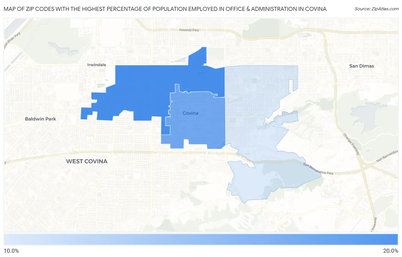 Zip Codes with the Highest Percentage of Population Employed in Office & Administration in Covina Map