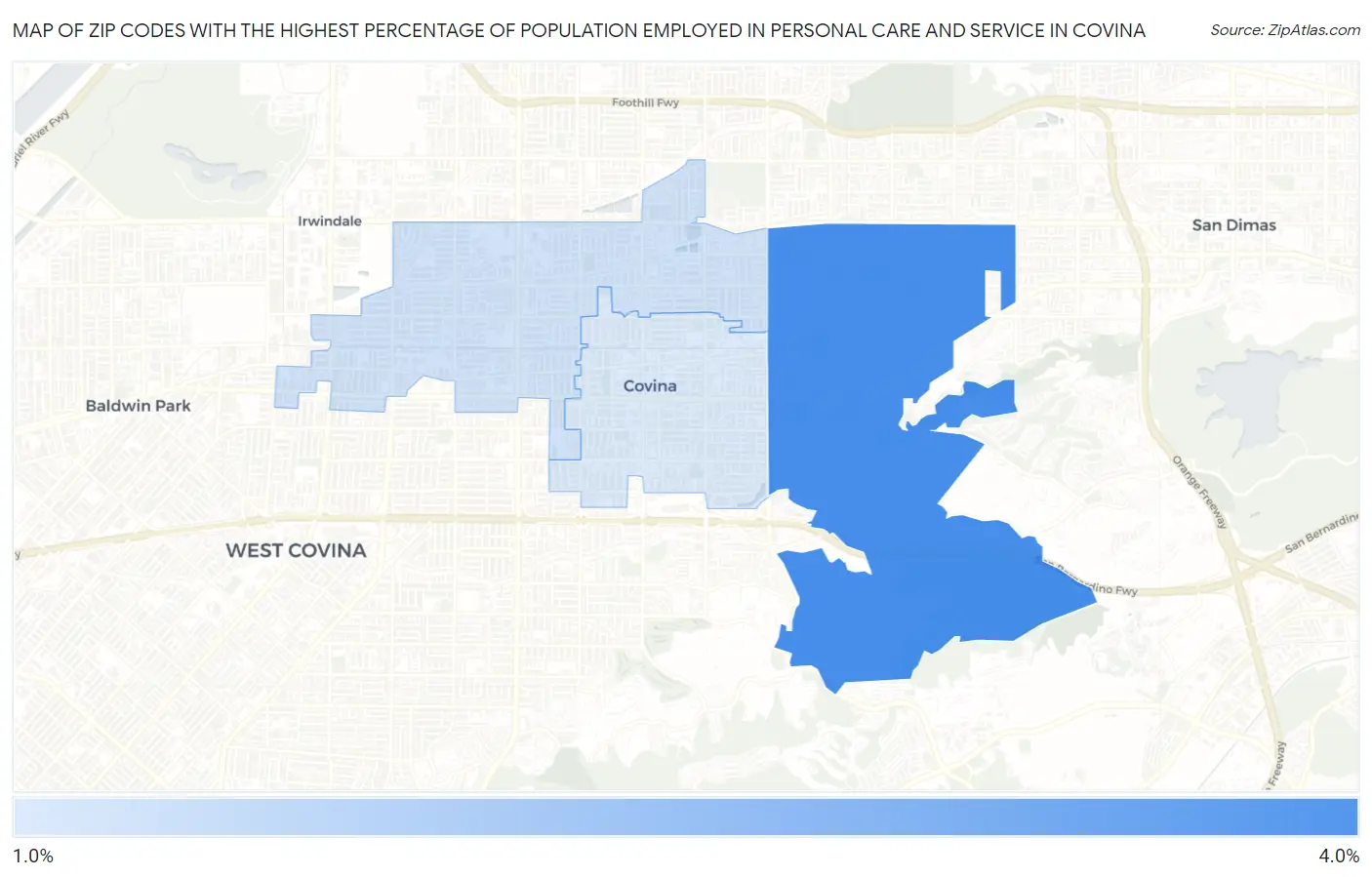 Zip Codes with the Highest Percentage of Population Employed in Personal Care and Service in Covina Map