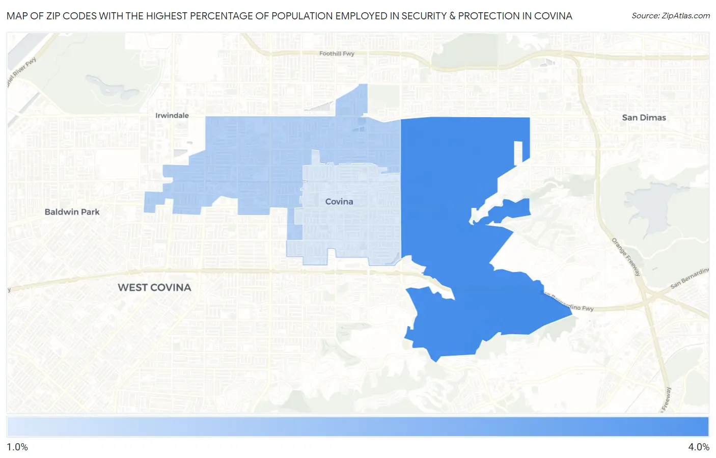 Zip Codes with the Highest Percentage of Population Employed in Security & Protection in Covina Map