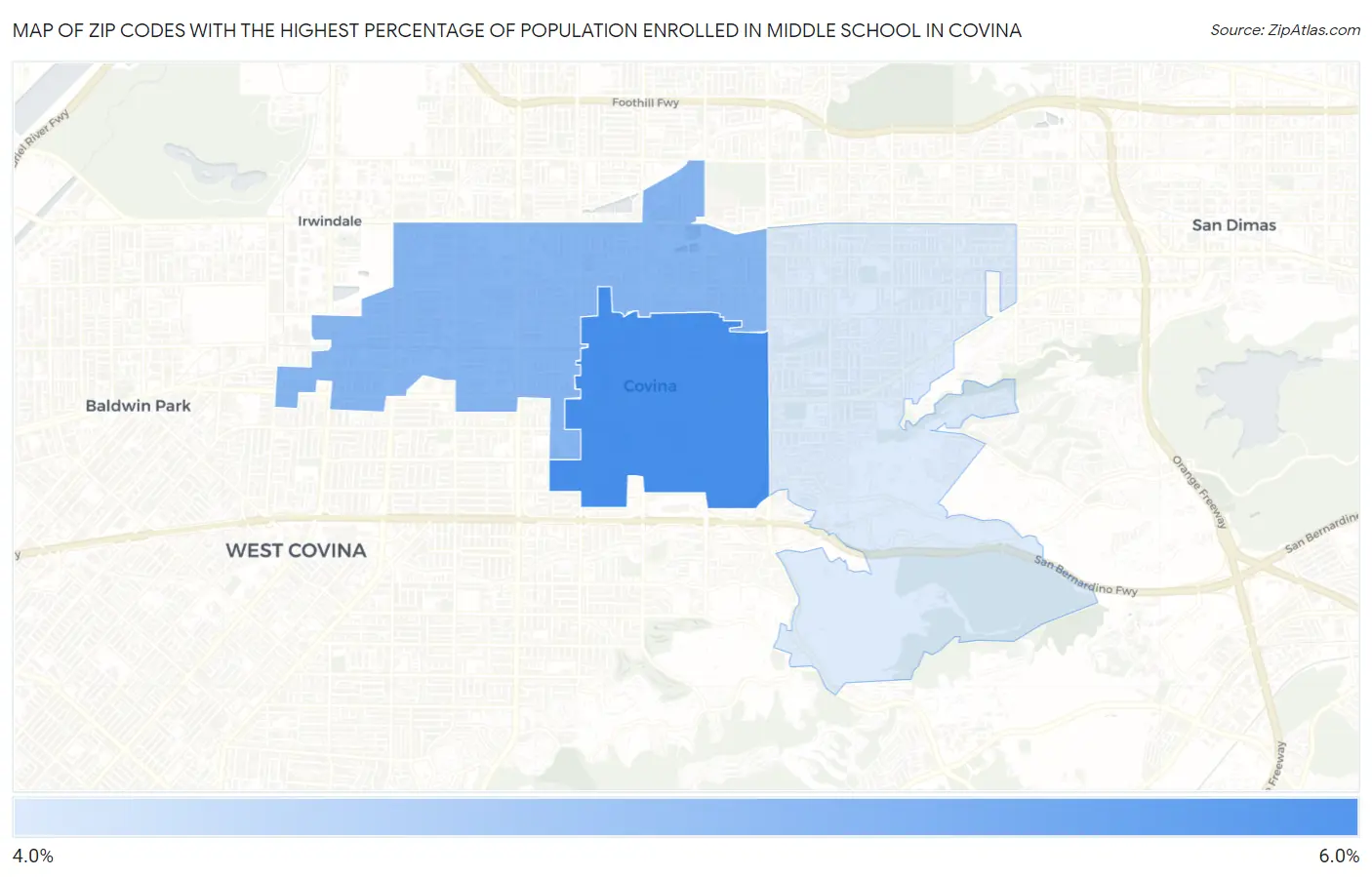 Zip Codes with the Highest Percentage of Population Enrolled in Middle School in Covina Map