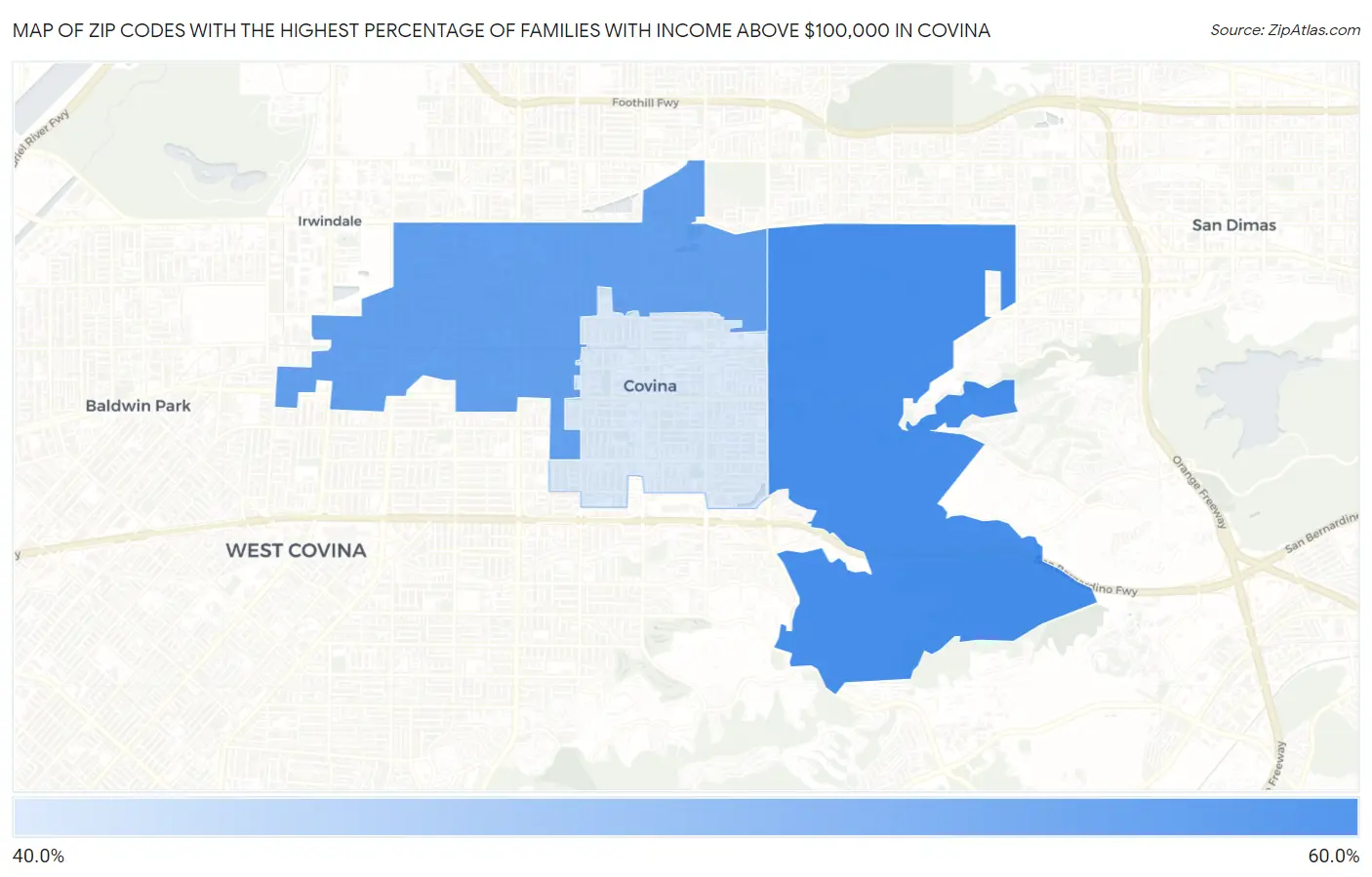 Zip Codes with the Highest Percentage of Families with Income Above $100,000 in Covina Map
