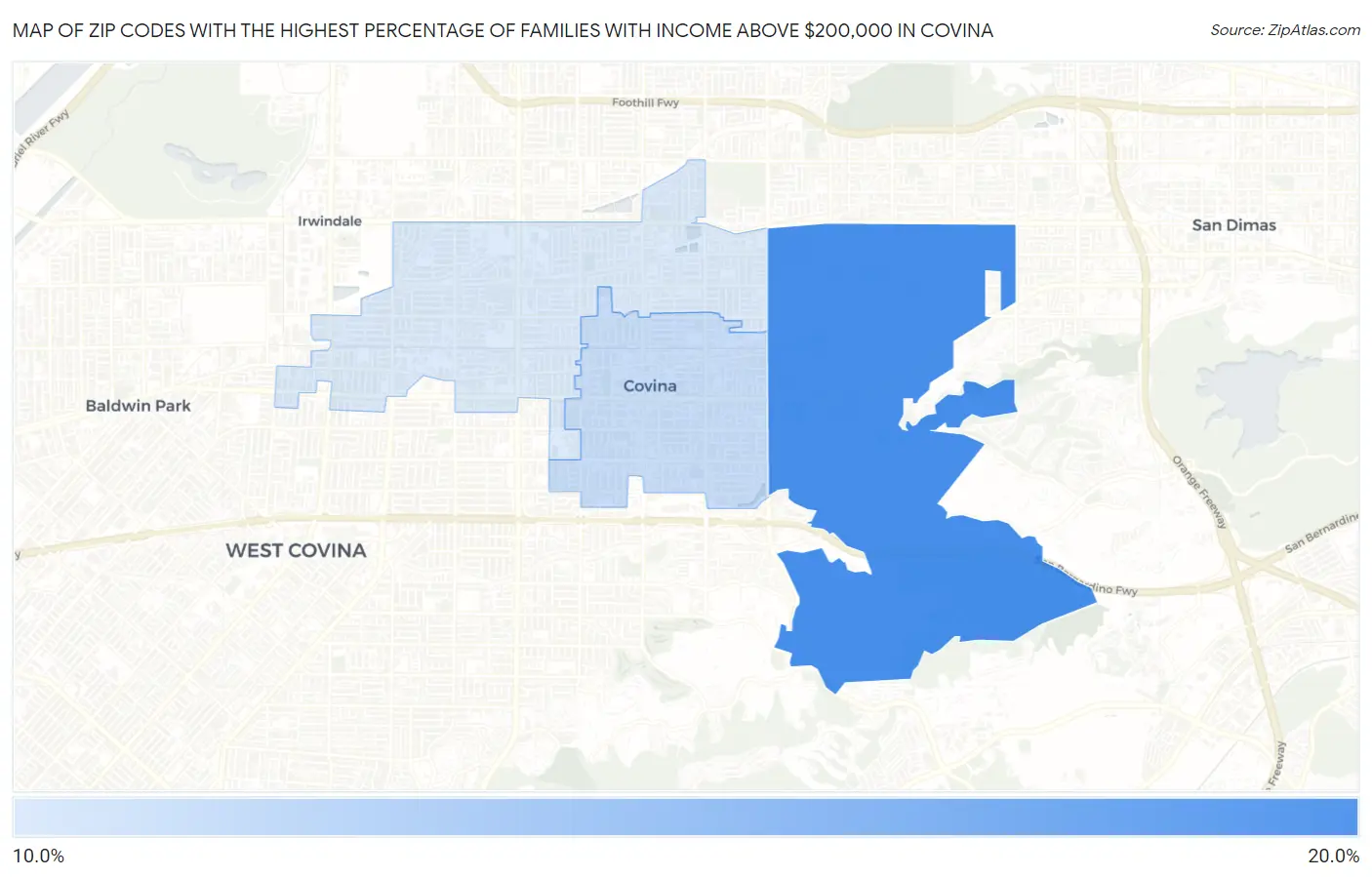 Zip Codes with the Highest Percentage of Families with Income Above $200,000 in Covina Map