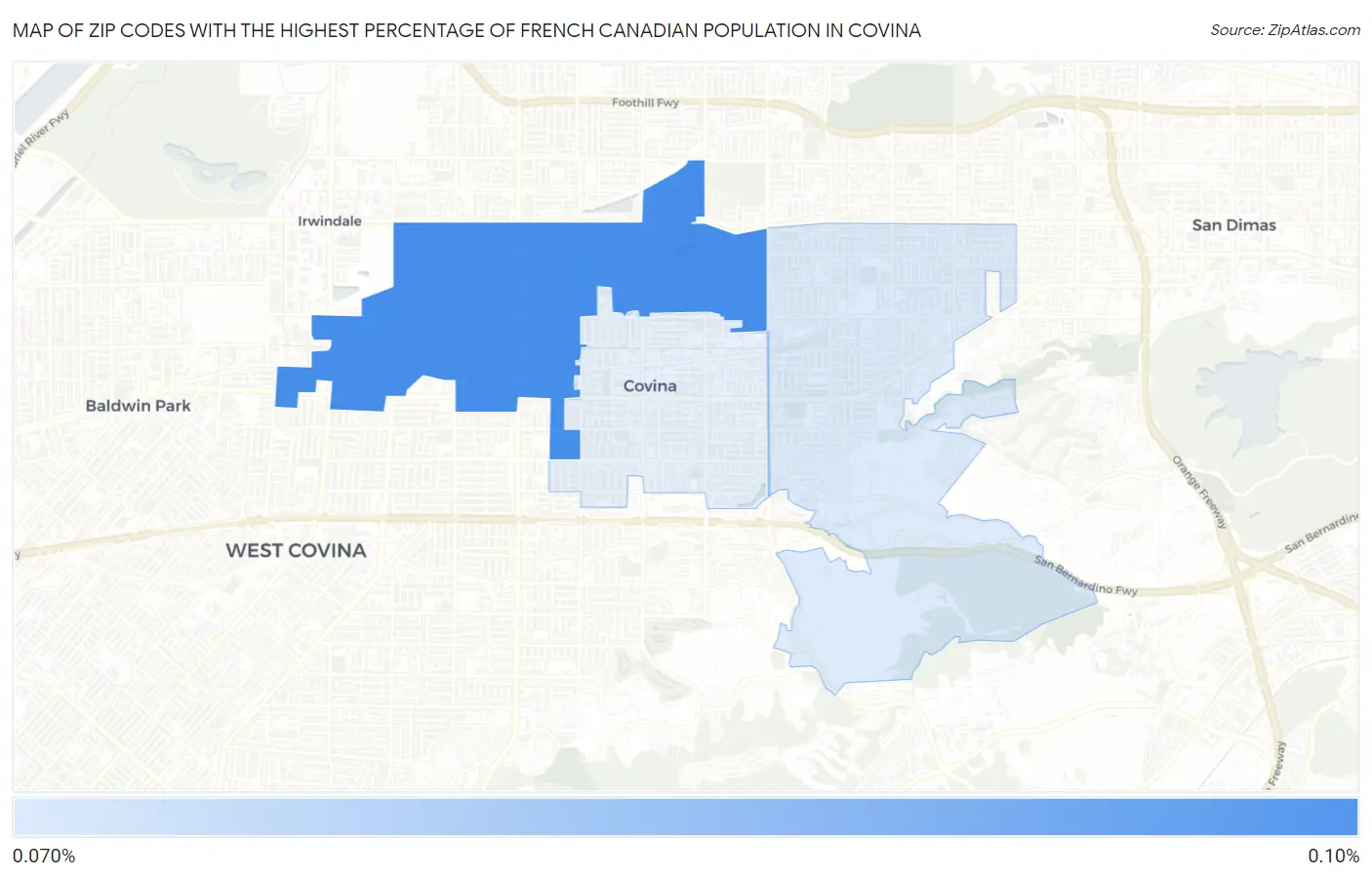 Zip Codes with the Highest Percentage of French Canadian Population in Covina Map