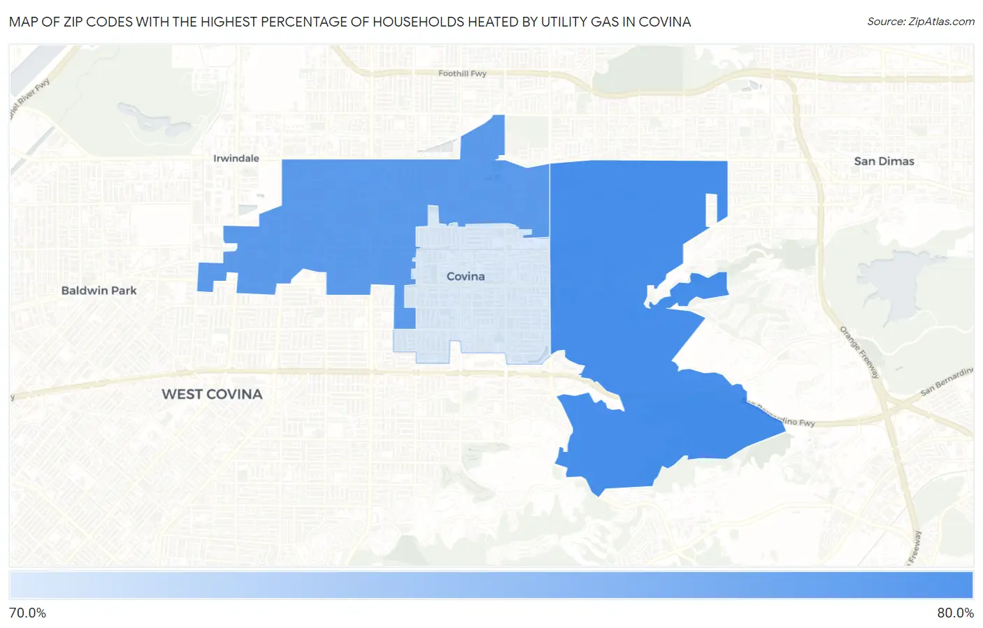 Zip Codes with the Highest Percentage of Households Heated by Utility Gas in Covina Map