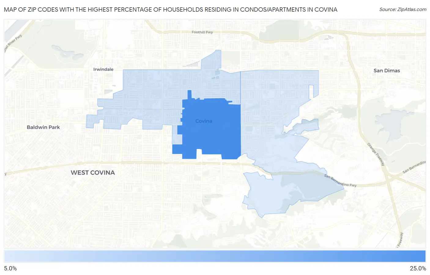 Zip Codes with the Highest Percentage of Households Residing in Condos/Apartments in Covina Map
