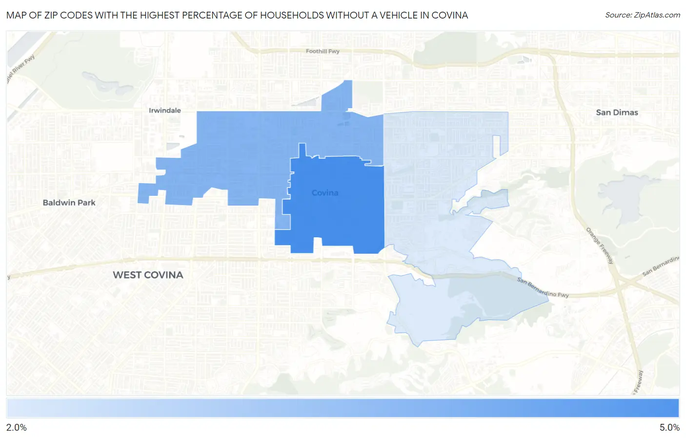Zip Codes with the Highest Percentage of Households Without a Vehicle in Covina Map