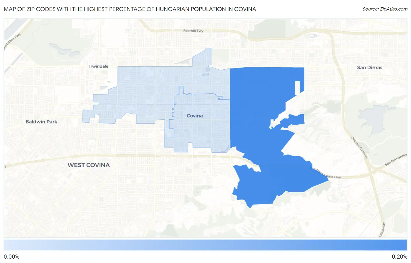Zip Codes with the Highest Percentage of Hungarian Population in Covina Map