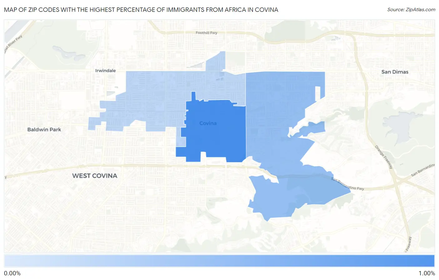 Zip Codes with the Highest Percentage of Immigrants from Africa in Covina Map