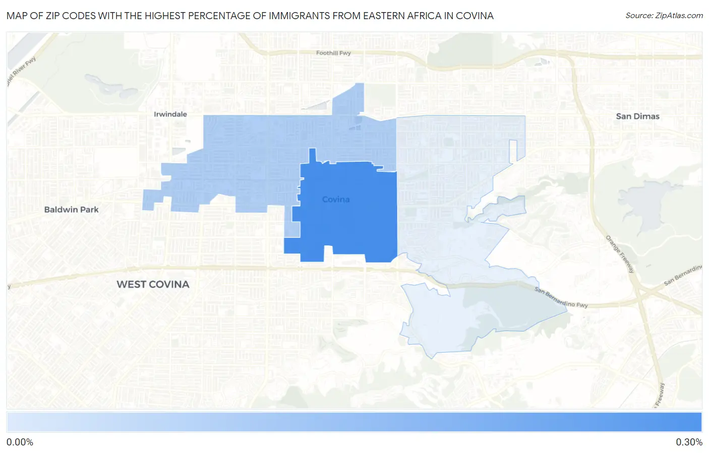 Zip Codes with the Highest Percentage of Immigrants from Eastern Africa in Covina Map