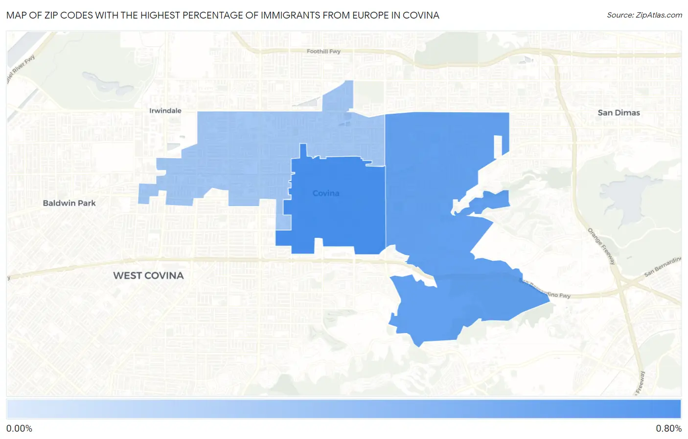 Zip Codes with the Highest Percentage of Immigrants from Europe in Covina Map