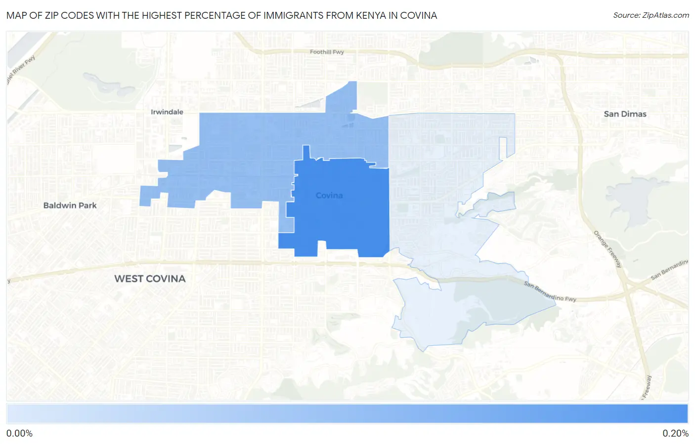 Zip Codes with the Highest Percentage of Immigrants from Kenya in Covina Map