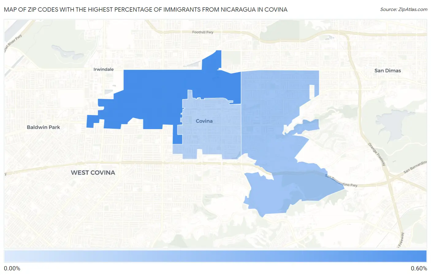 Zip Codes with the Highest Percentage of Immigrants from Nicaragua in Covina Map