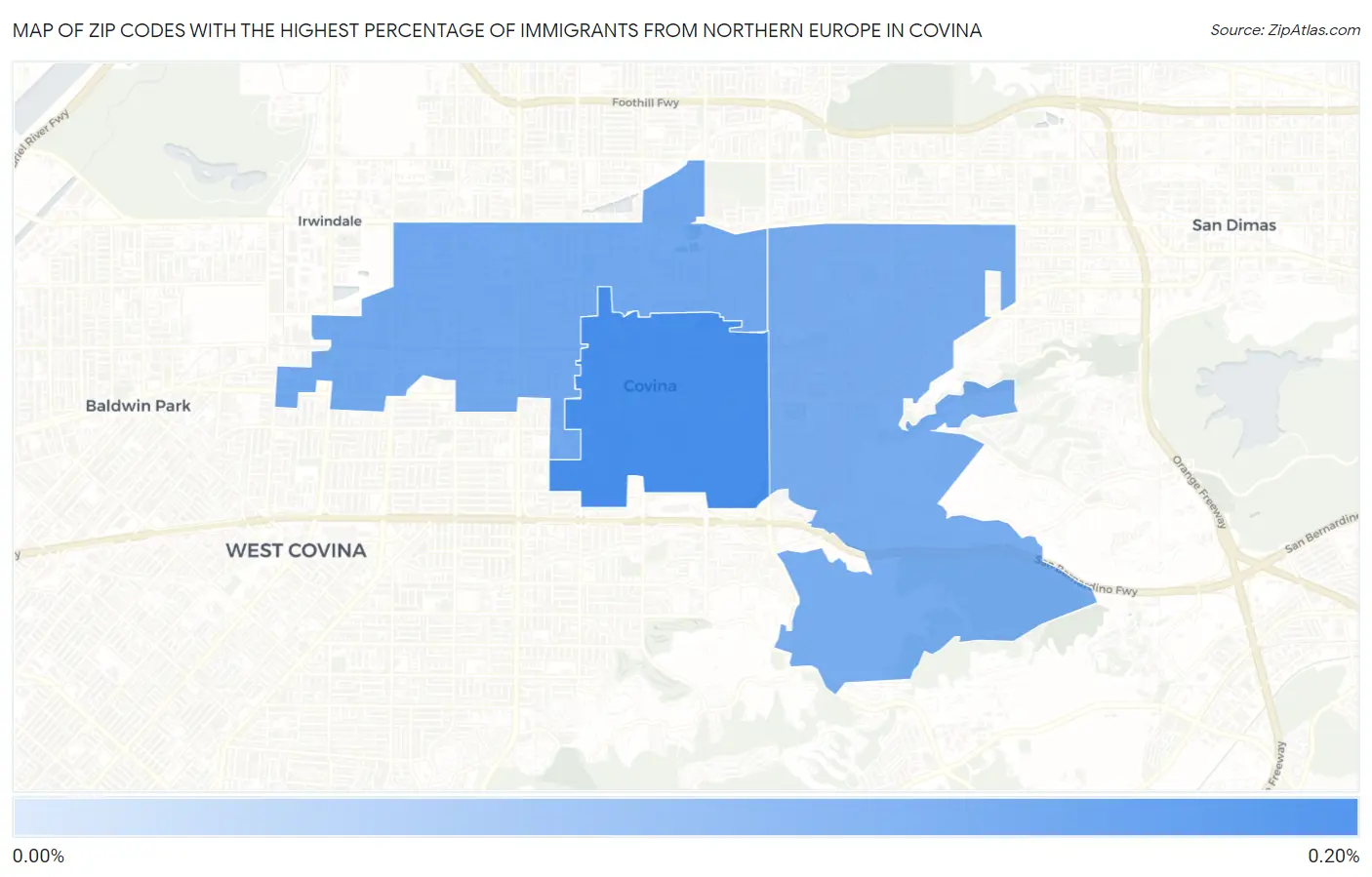 Zip Codes with the Highest Percentage of Immigrants from Northern Europe in Covina Map
