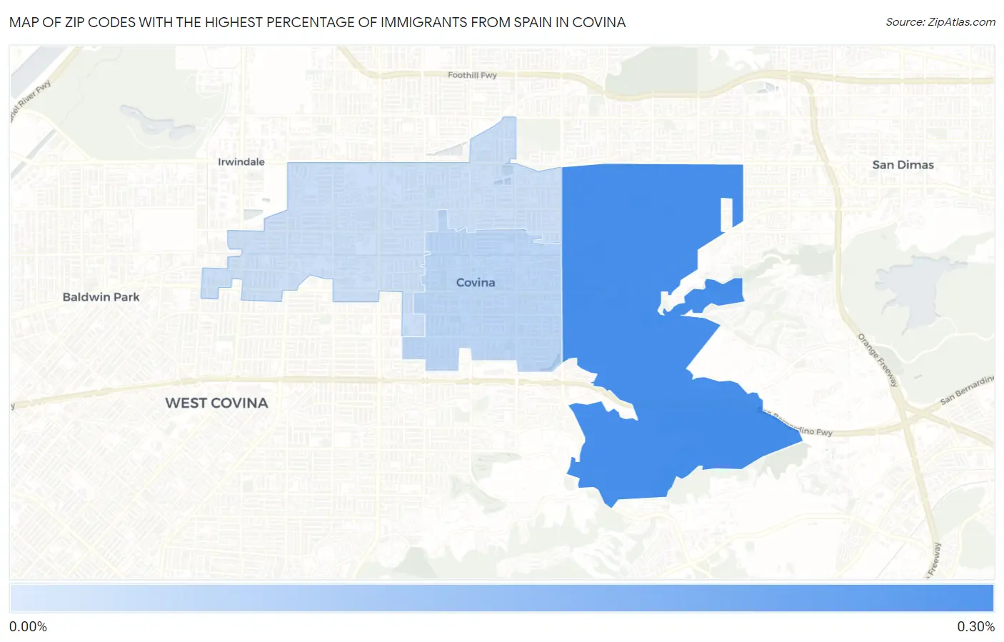 Zip Codes with the Highest Percentage of Immigrants from Spain in Covina Map