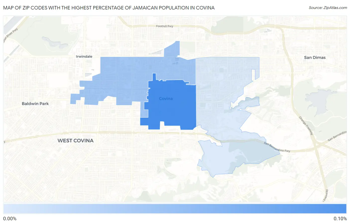 Zip Codes with the Highest Percentage of Jamaican Population in Covina Map